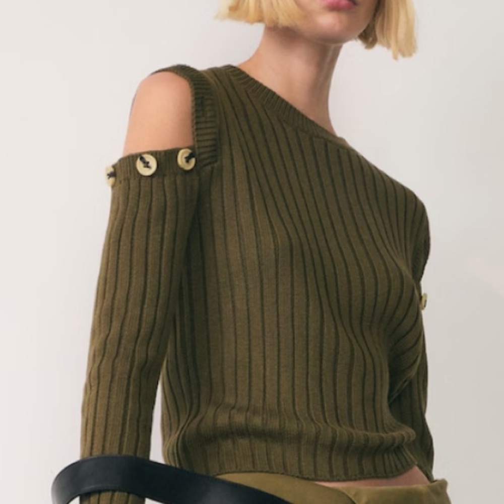 NWT Mango Olive Green Cold Shoulder Sweater